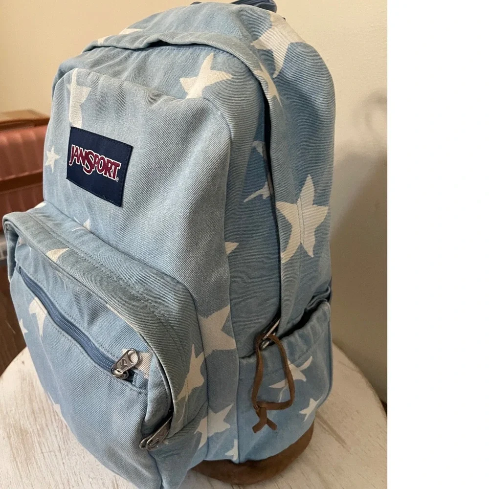 JanSport Right Pack Backpack Blue Denim Star Print Suede Bottom School Bag